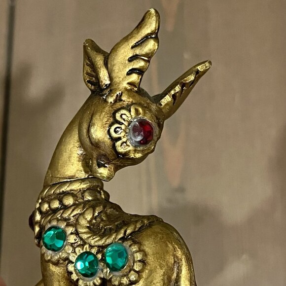 Lefton Gold Sleigh & Reindeer Red Green Jewels Christmas Ceramic w/Sticker Japan - Picture 10 of 16